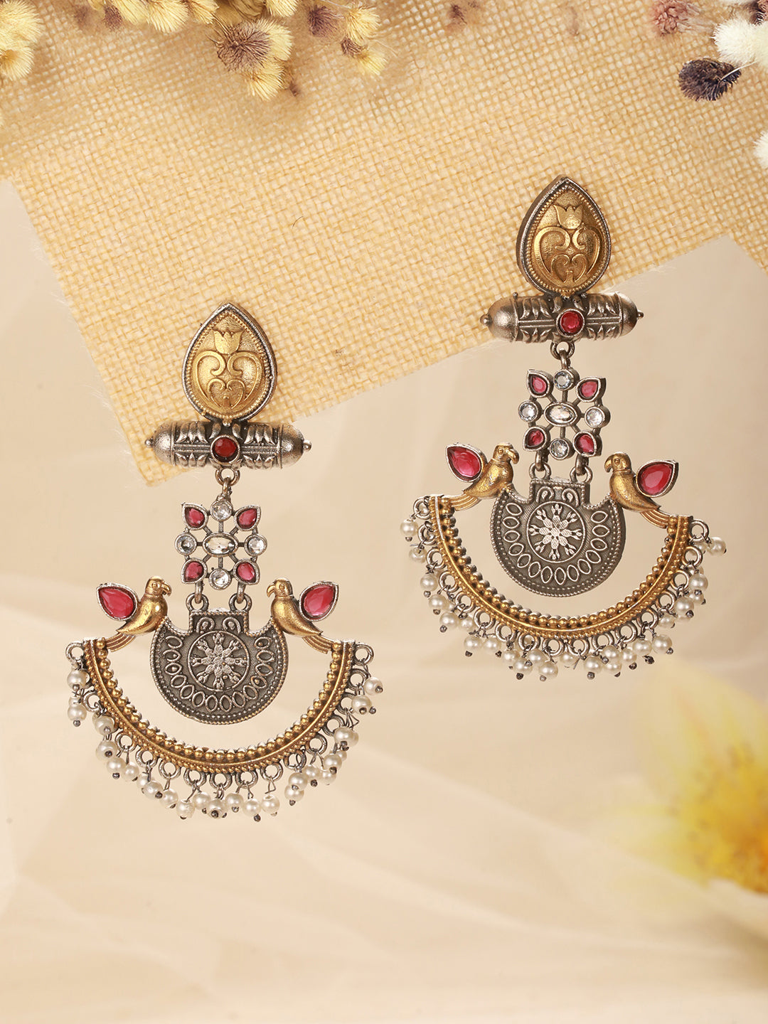 Silver Oxidised Dual Toned Bird Motif Tribal Boho Look Lightweight Chandbali Dangler Earrings